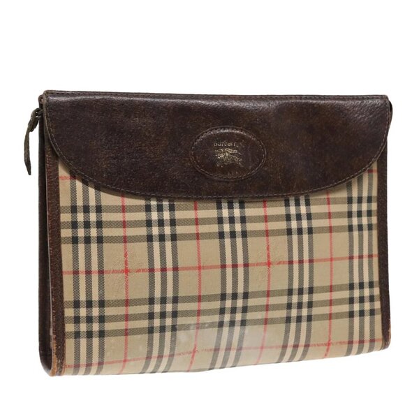 Burberrys Nova Check Clutch Bag Canvas Leather Beige Brown Auth 89716 - Picture 1 of 16